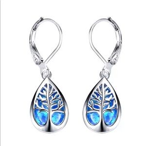 925 Silver Tree of life Blue Fire Opal Earrings